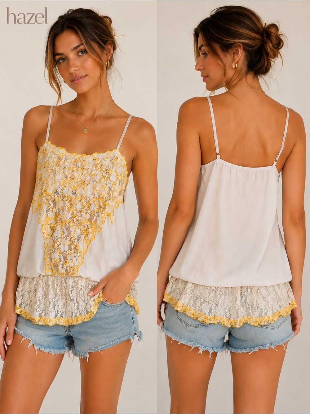 Hazel Women’s Large 100% Cotton Ivory Gold Embroidered Lace Cami Tank Top